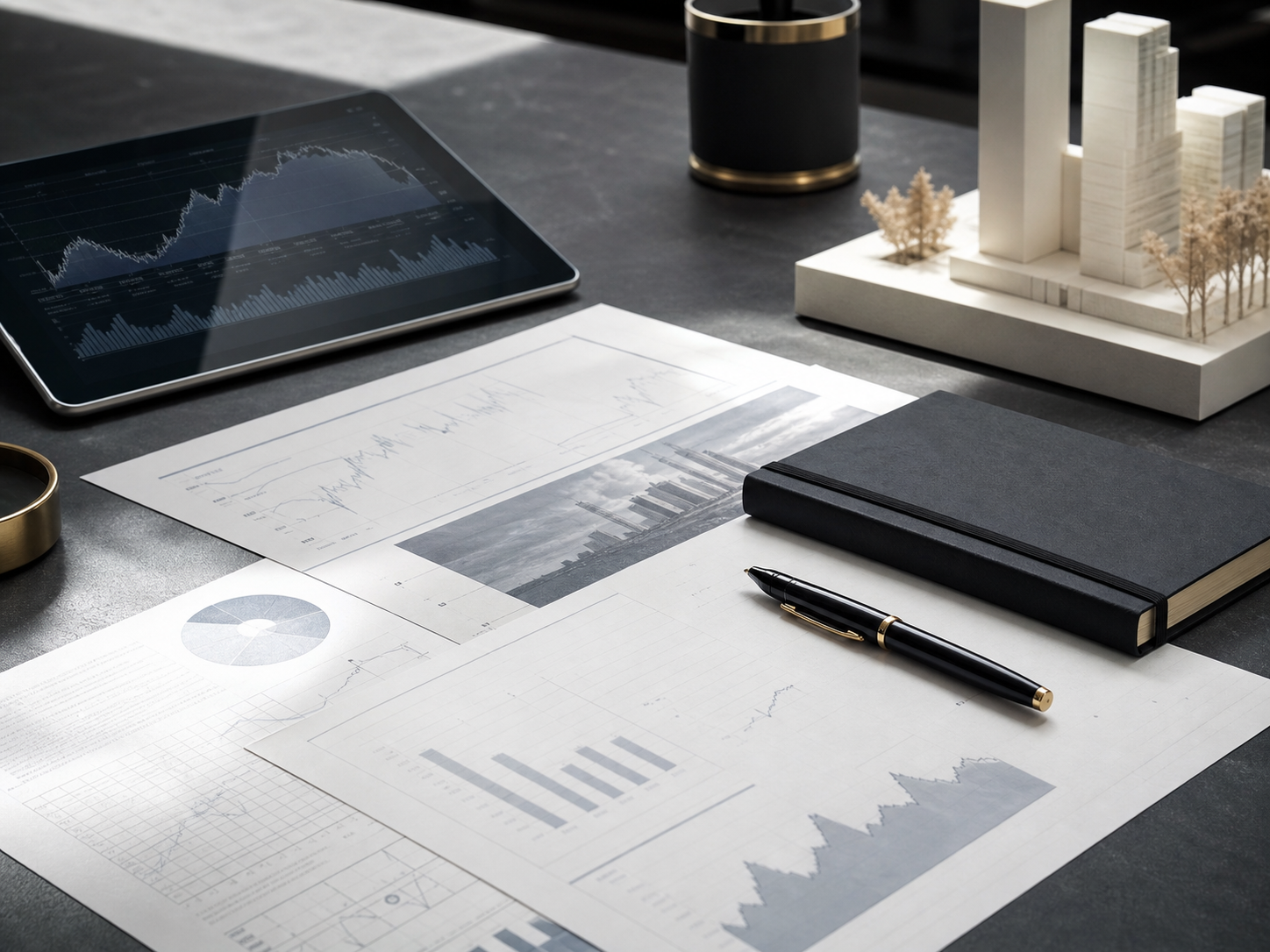 Investment research desk with reports and market visualizations